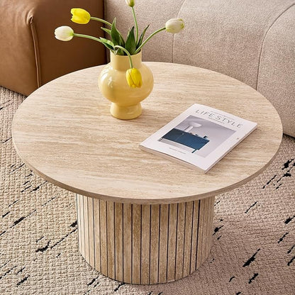 Round Nesting Coffee Tables for Living Room, Set of 2, Beige | φ27.6 + φ15.8 Boho Small Circle Side Tables, Fluted Drum Design Easy Assembly Minimalist Modern End Table Non-Slip Feet