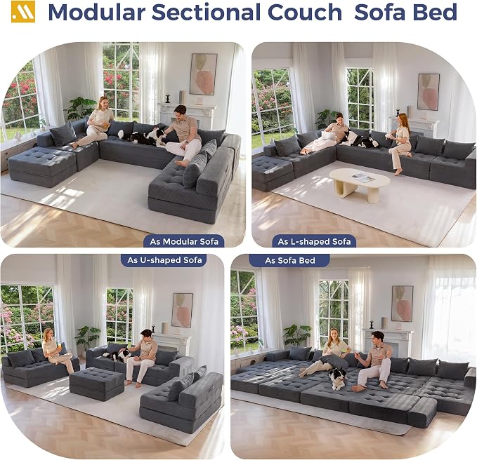 MAXYOYO Modular Sectional Sofa Couch, Foldable Oversized U Shaped Cloud Couch with Pillows, Tufted Boneless Lounger Floor Sofa Bed for Living Room, No Assembly Required, Dark Grey
