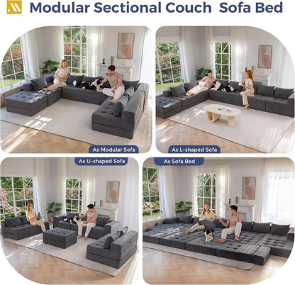 MAXYOYO Modular Sectional Sofa Couch, Foldable Oversized U Shaped Cloud Couch with Pillows, Tufted Boneless Lounger Floor Sofa Bed for Living Room, No Assembly Required, Dark Grey