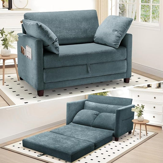 Myroyalsit 51" Convertible Loveseat Sofa Bed, 2-in-1 Folding Sofa Bed with 2 Pillow for Small Spaces, Modern Loveseat Sleeper Couch for Apartment, Living Room & Guest Room (Light Blue)