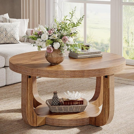 Tribesigns Round Coffee Table, 2-Tier Circle Coffee Table with Storage, Modern Wooden Accent Center Table for Living Room, Thick Tabletop & Base (Rustic Brown)