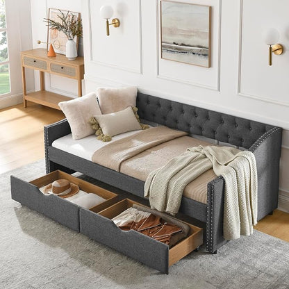 KEIKI Twin Size Upholstery Daybed with 2 Drawers and Headboard, Mid-Century Style Tufted Sofa Bed with Button on Back, Easy Assembly, No Box Spring Required, for Living Room and Bedroom, Dark Grey
