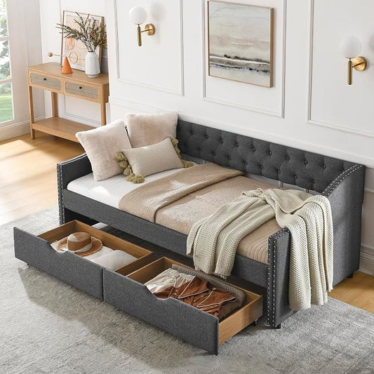 KEIKI Twin Size Upholstery Daybed with 2 Drawers and Headboard, Mid-Century Style Tufted Sofa Bed with Button on Back, Easy Assembly, No Box Spring Required, for Living Room and Bedroom, Dark Grey