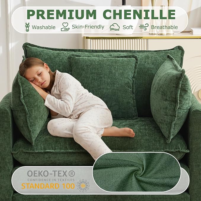 Modular Sectional Sofa Cloud Couch, Deep Seat Washable Chenille Fabric Sofa with Throw Pillows, Singel Seat Modern Couches for Living Room Bedroom Apartment, Green