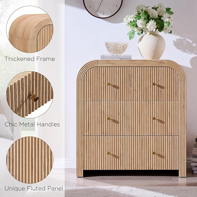 T4TREAM Fluted Dresser with 3 Drawers, 32" Tall Modern Chest of Drawers with Thickened Curved Profile Design, Wood Closet Clothes Storage Organizer for Bedroom, Living Room, Hallway, Natural Oak