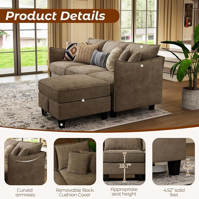 WorthFurni Modular Sectional Sofa L Shape Couches with Storage Ottoman and Washable Cushion Cover for Living Room, Apartment, Bedroom(Brown)