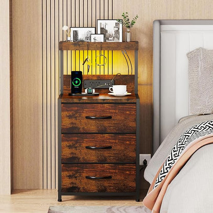 SZLHANJZ Nightstands Set of 2, End Table with LED Light and Charging Station Type C, 3 Drawers Storage Night Stand with Hooks, Tall Bed Side Table for Bedroom Dorm, Rustic Brown