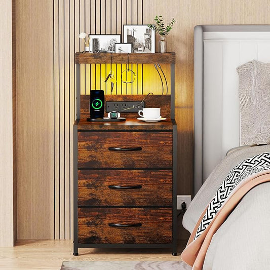 SZLHANJZ Nightstands Set of 2, End Table with LED Light and Charging Station Type C, 3 Drawers Storage Night Stand with Hooks, Tall Bed Side Table for Bedroom Dorm, Rustic Brown