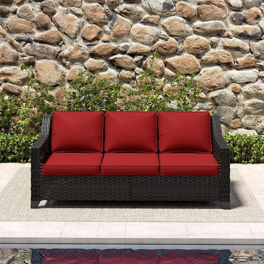 77'' Patio Sofa, All Weather Outdoor Rattan Wicker 3-Seat Sofa High Back Couch with Premium Cushions for Garden Backyard Porch(Brown/Red)