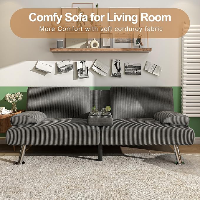 Shahoo Modern Upholstered Convertible Folding Futon Sofa Bed with Removable Armrests, Metal Legs, 2 Cup Holders for Living Room, Grey