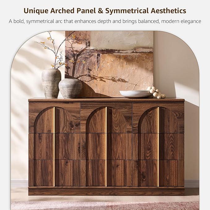 ACCOHOHO Arched 9 Drawers Dresser for Bedroom, 52" Wide Modern Chest of Drawers with Rounded Edge & Metal Handles, Wood Storage Closet Dressers TV Stand for Living Room, Hallway, Brown