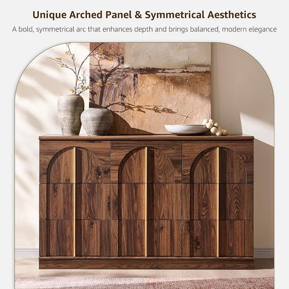 ACCOHOHO Arched 9 Drawers Dresser for Bedroom, 52" Wide Modern Chest of Drawers with Rounded Edge & Metal Handles, Wood Storage Closet Dressers TV Stand for Living Room, Hallway, Brown