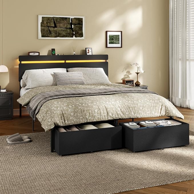 Forestell Queen Bed Frame with Wood Headboard, Black Platform Bed with 2 Storage Drawers & Shelf, Built-in Charging Station & LED Lights, Metal Support, No Box Spring Needed, Cama Queen Size