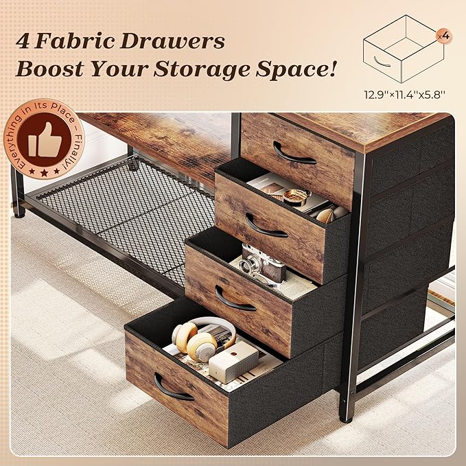PRAISUN 53" L Shaped Desk with Power Outlets & USB-C Port, Reversible Computer Corner Office Desk with 4 Fabric Drawers and 2 Storage Shelves, Large Desk for Gaming Writing Work Study, Rustic Brown