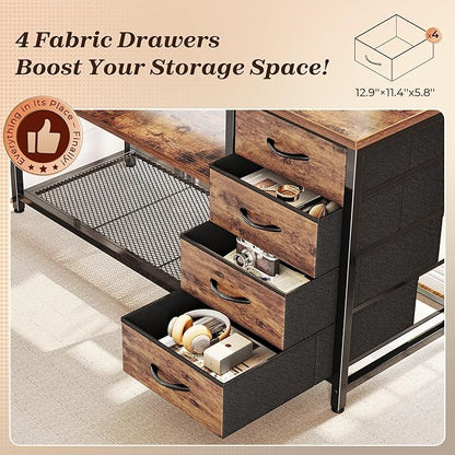 PRAISUN 53" L Shaped Desk with Power Outlets & USB-C Port, Reversible Computer Corner Office Desk with 4 Fabric Drawers and 2 Storage Shelves, Large Desk for Gaming Writing Work Study, Rustic Brown