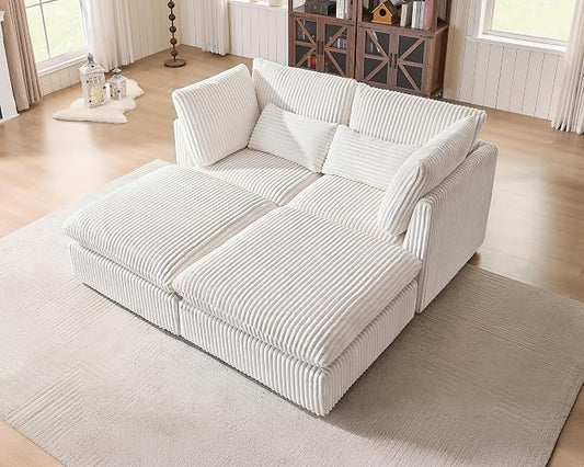 77" Oversized Corduroy Couch Modular Sectional Sofa, Washable Cloud Couch Sectional with 2 Ottoman, 4 Seater Sectional Couches for Living Room, Fully Cover Removable, Chaise Lounge, Corduroy, White