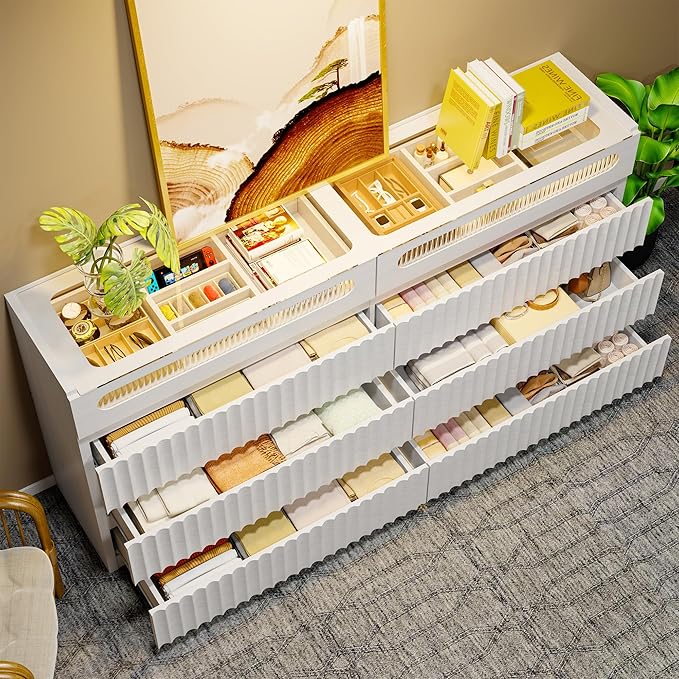 senlin Modern 16 Drawer Wardrobe Armoire with Glass Top LED Lights,Fluted Island Dresser Bedroom Closet Organizer System,Large Clothing Storage Cabinet with Jewelry Tray,Hidden Handles