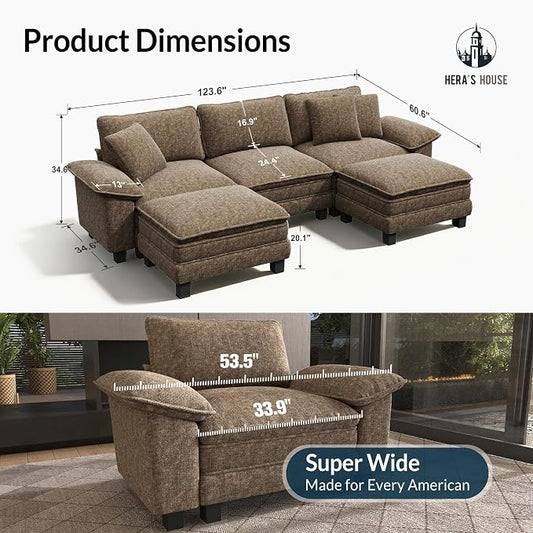 HERA'S HOUSE 124" Oversized Modular Sectional Sofa, Comfy U Shaped Couches for Living Room, Cloud Couch with Ottoman, 5-Seater Deep Seat Sofa with Throw Pillow, Chenille Grayish Brown