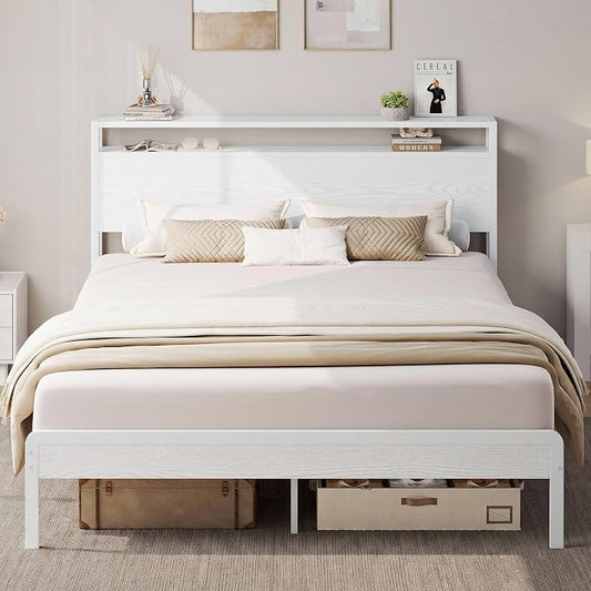 LIKIMIO Queen Bed Frame with Headboard, Wood Camas Queen with Strong Supports, Sturdy, Noise-Free, No Box Spring Needed, White