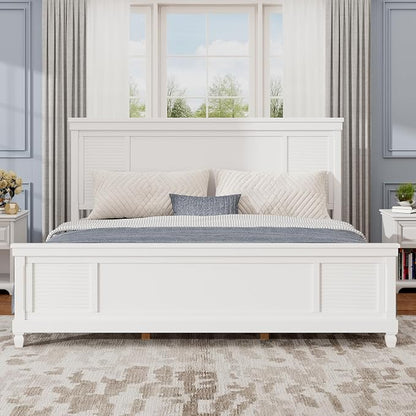 Merax King Size Bed Frame and Wood Headboard, Farmhouse White Platform Bed Frame with Sturdy Wooden Support Slats, No Box Spring Needed, Holds up to 800 Pounds, Noise-Free, Easy Assembly