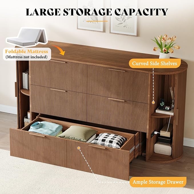 AMERLIFE Queen Murphy Bed with Storage Bedside Shelves & Sliding Tambour Door, Modern Cabinet Bed with Charging Station & Curved Fluted Design for Bedroom/Guest/Home Office, Brown