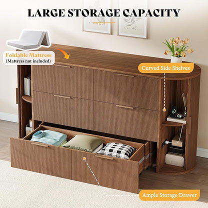AMERLIFE Queen Murphy Bed with Storage Bedside Shelves & Sliding Tambour Door, Modern Cabinet Bed with Charging Station & Curved Fluted Design for Bedroom/Guest/Home Office, Brown