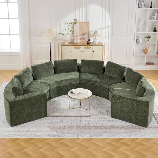 WUTUTUEE 142'' Curved Round Boneless Couch, Oversized Half Moon Sofa with Deep Seat & Arms, Chenille Modular Sectional Sofa with Pillows, Upholstered Comfy 8 Seat Couch for Living Room, Green