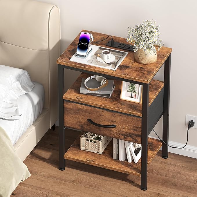 DUMOS Nightstand Set of 2 with Wireless Charging Station Bed Side Tables with Adjustable Fabric Drawers and 3 - Tier Storage End Tables Modern Design, Brown