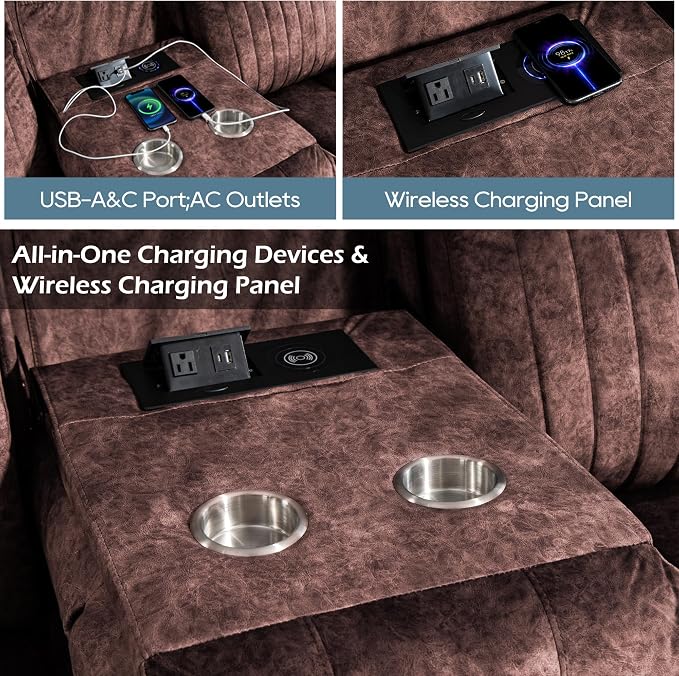 Zero Gravity Power Reclining Sofa with Adjustable Headrest, Electric Reclining Couch with Wireless Charge, USB Ports, Power Loveseat Recliner Sofa for Living Room(Brown-Sofa)