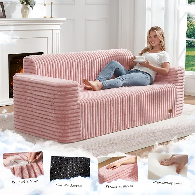ZurNesfure Sofa Couch Cloud 3-Seater Memory Foam Couch with Pillow No Assembly Required, Modern Couch with Removable Washable Cover Boneless Sofas for Living Room Bedroom Apartment (Pink,3-Seater)