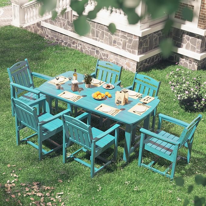 HDPE Outdoor Dining Set, Patio Table and Chairs Set, All-Weather 7-Piece Outside Table and 6 Chairs, 2" Umbrella Hole, Outdoor Furniture for Garden, Poolside, Backyard, Deck | Lake Blue