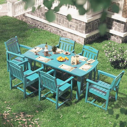 HDPE Outdoor Dining Set, Patio Table and Chairs Set, All-Weather 7-Piece Outside Table and 6 Chairs, 2" Umbrella Hole, Outdoor Furniture for Garden, Poolside, Backyard, Deck | Lake Blue