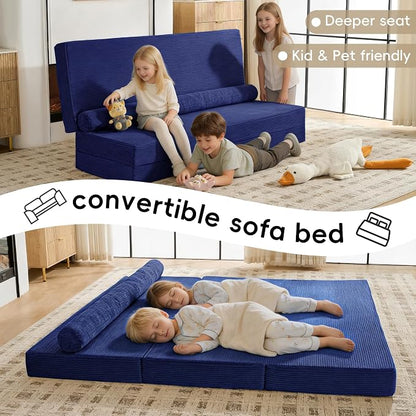5-in-1 Convertible Sofa Bed, 78" Boneless Couch Tri Folding Mattress with Removable L-Shaped Armrests, Corduroy Futon Couch Sleeper with Pull Out Bed for Living Room Bedroom Apartment, Blue