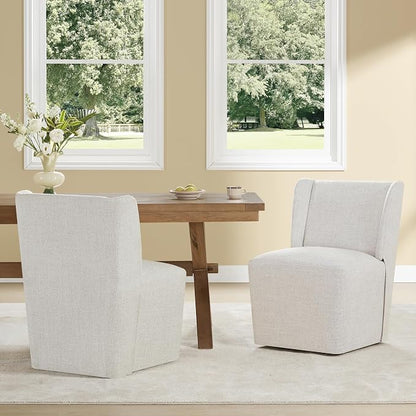 KISLOT Upholstered Dining Chairs Set of 2 with Casters, Wingback Modern Side Armless Deskchair with Rollers for Diningroom Bedroom Livingroom Reading Room, Linen Fabric