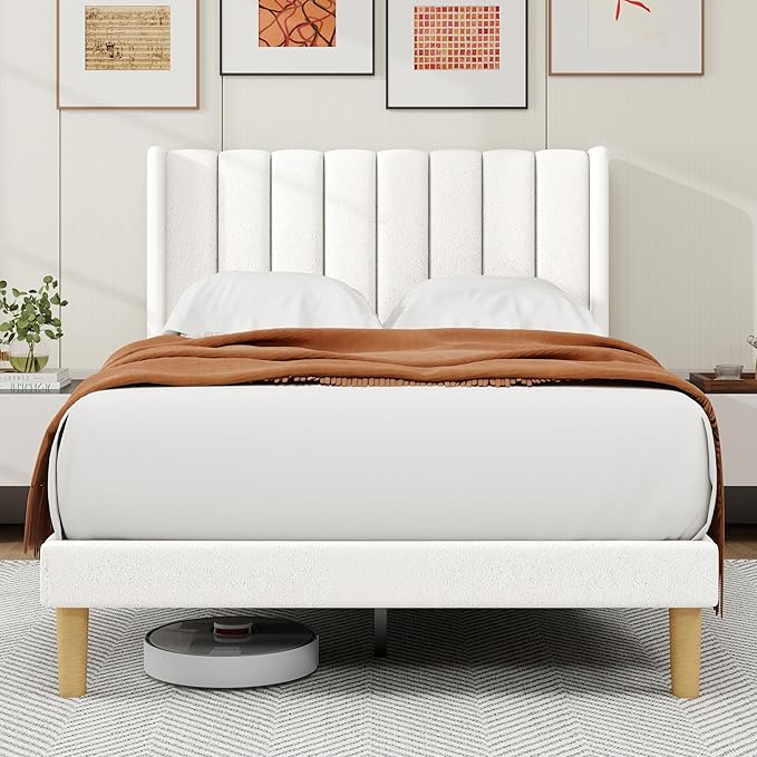 alazyhome Platform Bed Frame Full Size with Upholstered Headboard, Solid Wood Slats Support, No Box Spring Needed, Noise Free, Easy Assembly, Modern Fabric Bed, White