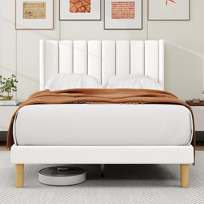 alazyhome Platform Bed Frame Full Size with Upholstered Headboard, Solid Wood Slats Support, No Box Spring Needed, Noise Free, Easy Assembly, Modern Fabric Bed, White