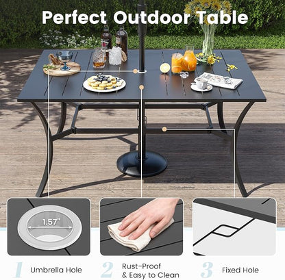 7 Pieces Patio Dining Set, Patio Outdoor Furniture Set of 6 Patio Swivel Dining Chairs and Patio Spliced Rectangular Tabletop with Umbrella Hole, for Deck, Backyard, Poolside & Garden