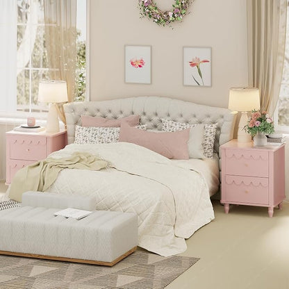 Anbuy Bedroom Sets Scalloped 6 Drawer Dresser and Night Stand Sets for Bedroom, Two Drawers Nightstand Set of 2 & 6 Drawer Dresser Combo 3 Pieces (Pink)