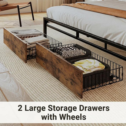 LIKIMIO Queen Bed Frame with Storage Headboard, Queen Size Bed Frame with Charging Station & 2 Drawers, No Box Spring Needed, Easy Assembly