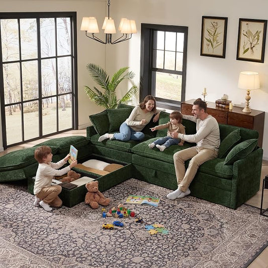 Ihanherry 103” Modular Sectional Sofa with Storage, U Shaped Cloud Couch with Movable Ottomans & 4 Pillows, Chenille Deep Seat Sectional Couches for Living Room, Apartment (Green)