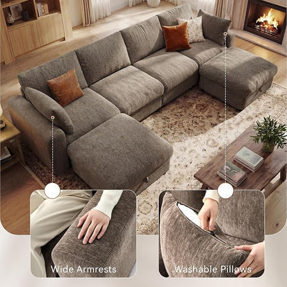 Ihanherry 141" Oversized Cloud Sectional Couches for Living Room, Modular Sectional Sofa with Wide Deep Seat, U Shaped Couch with Throw Pillow and Storage Ottoman, Beige