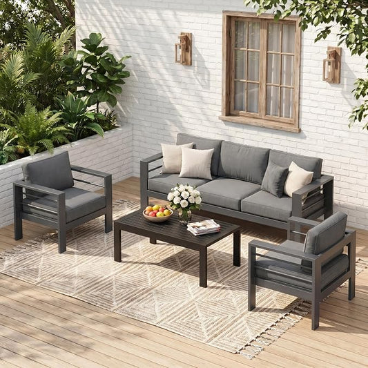 Solaste 5-Seaters Aluminum Outdoor Patio Furniture Set, Patio Sectional with 5" Thick Cushion, Outdoor Furniture with Coffee Table, Patio Sofa for Porch, Backyard, Deck, Yard, Dark Grey