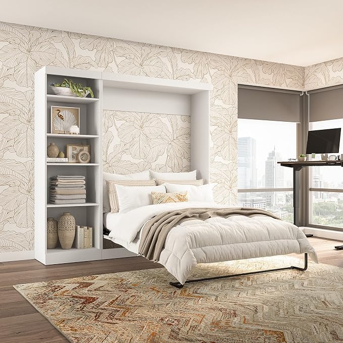 Bestar Pur Full Size Murphy Bed with Shelving Unit (84W) in White, Space-Saving Sleeping Arrangement for Multipurpose Bedroom