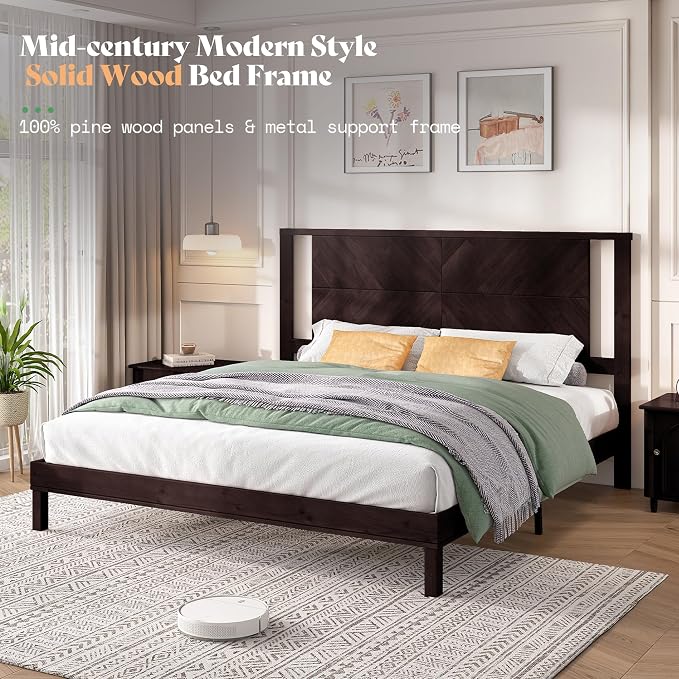 AMERLIFE Solid Wood Queen Size Bed Frame with Headboard, Rustic Style Platform Bed Frame with Under-Bed Storage, No Box Spring Needed, Noise Free, Easy Assembly, Dark Brown