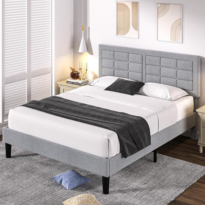 VECELO Queen Size Bed Frame, Adjustable Upholstered Button Tufted Headboard, Heavy-Duty Bedframe with Wood Slats Support, No Box Spring Needed, Linen & Light Grey