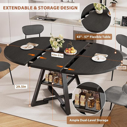 Expandable Kitchen Dining Table for 4-6, Oval Round Dining Table with Storage Shelf and Removable Extension Leaf, Space Saving Pedestal Table for Dining Room, Modern Industrial Style (Black)