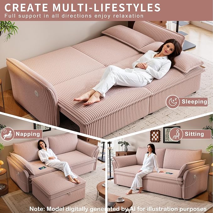 85" Pull Out Sofa Bed Full Size, Pre-Assembled Corduroy Sleeper Sofa, Convertible Loveseat Futon Couch with Storage Ottoman, USB, Pillows, for Apartment, Living Room, Small Spaces, Pink