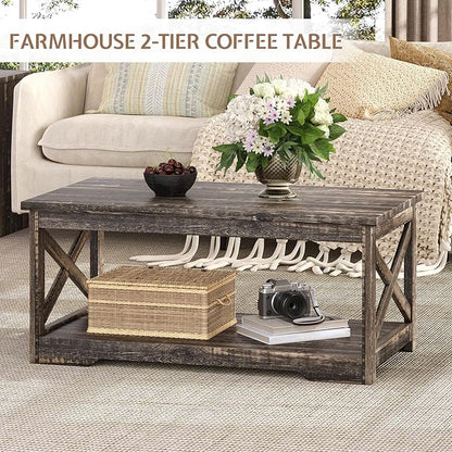 LUXOAK 3-Piece Farmhouse Living Room Table Sets, Includes 1 x Coffee Table, 2 x End Tables with Charging Station & USB Ports, Rustic Coffee Table Set of 3, Black Oak
