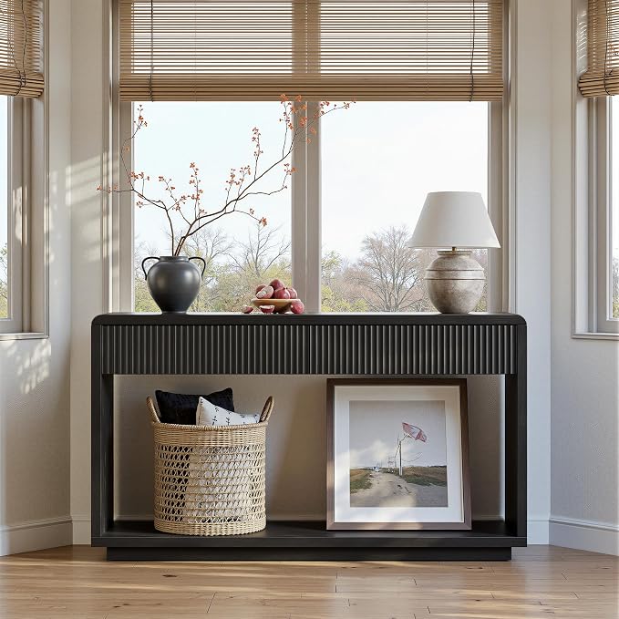 Evermagin 59'' Charcoal Black Entryway Table with Drawers, Fluted Console Table, Mid Century Modern Sofa Table with Storage for Living Room, Entrance, Hallway