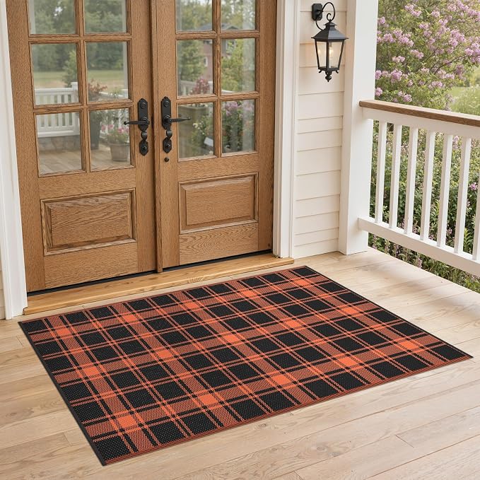 GENIMO Waterproof Outdoor Rug for Patio Clearance, 3'x5' Reversible Plastic Straw Rugs, Lightweight RV Camping Mat for Camper, Balcony, Deck, Backyard, Picnic, Black Orange Plaid